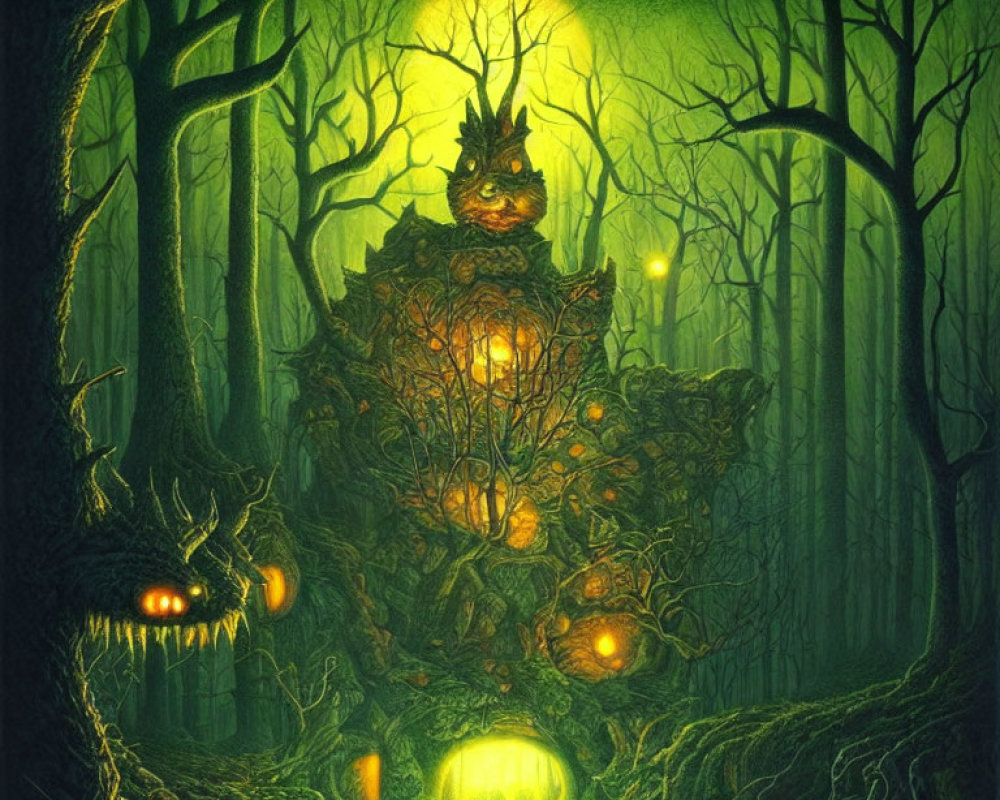 Luminous forest scene with mystical tree creature and jack-o'-lanterns