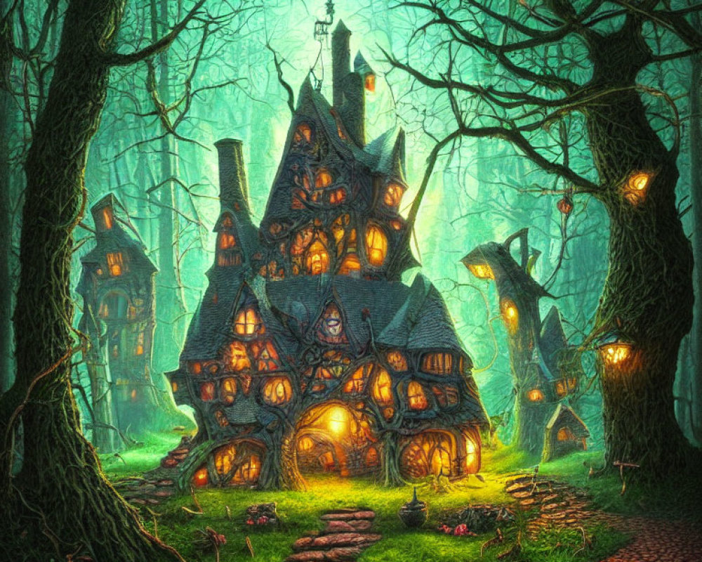 Glowing cottages in enchanted forest with cobblestone path