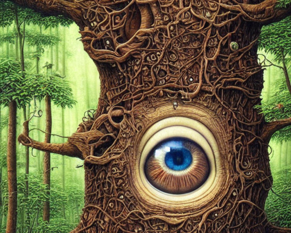 Fantastical tree with intricate bark patterns and human eye in lush forest