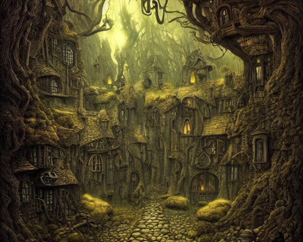 Fantasy forest scene with twisting trees and tree trunk houses under soft green light