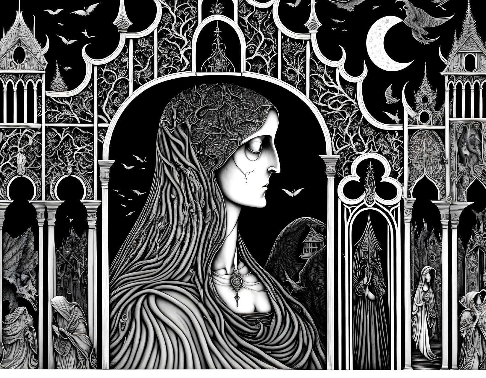 Monochrome artwork: Detailed woman illustration in Gothic setting