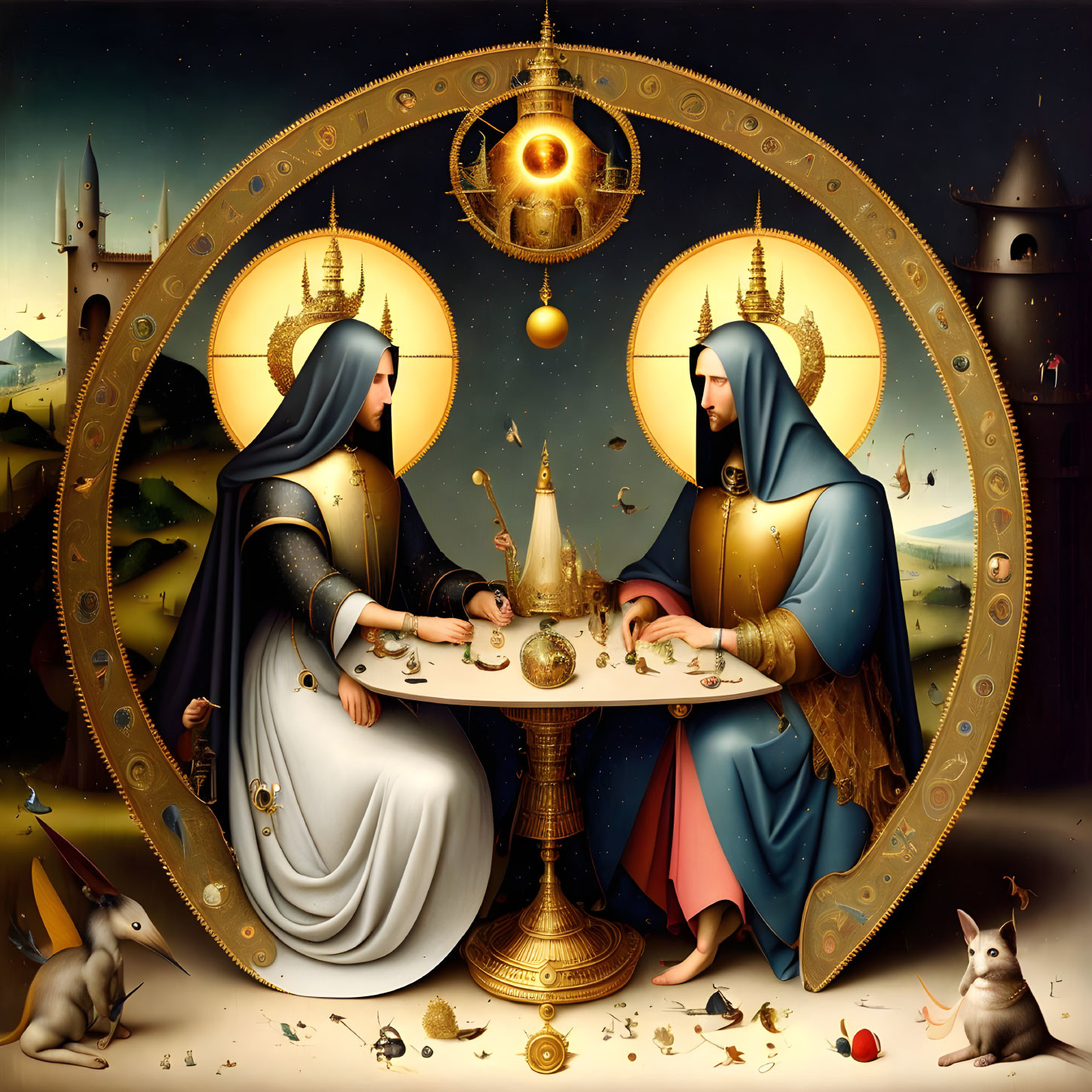 Two robed figures playing board game in surreal landscape with symbolic objects.