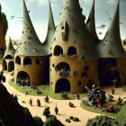 Medieval fantasy landscape with cone-shaped buildings, knights, and armies in lush hills.