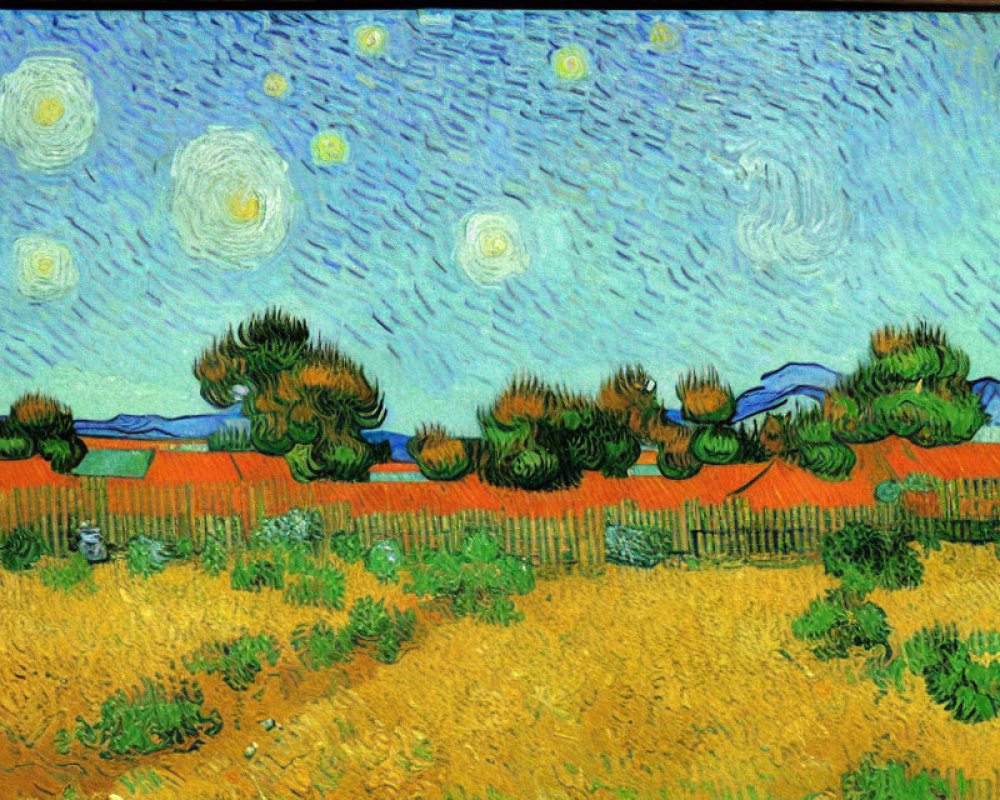 Landscape painting with starry night sky, cypress trees, village, and wheat field