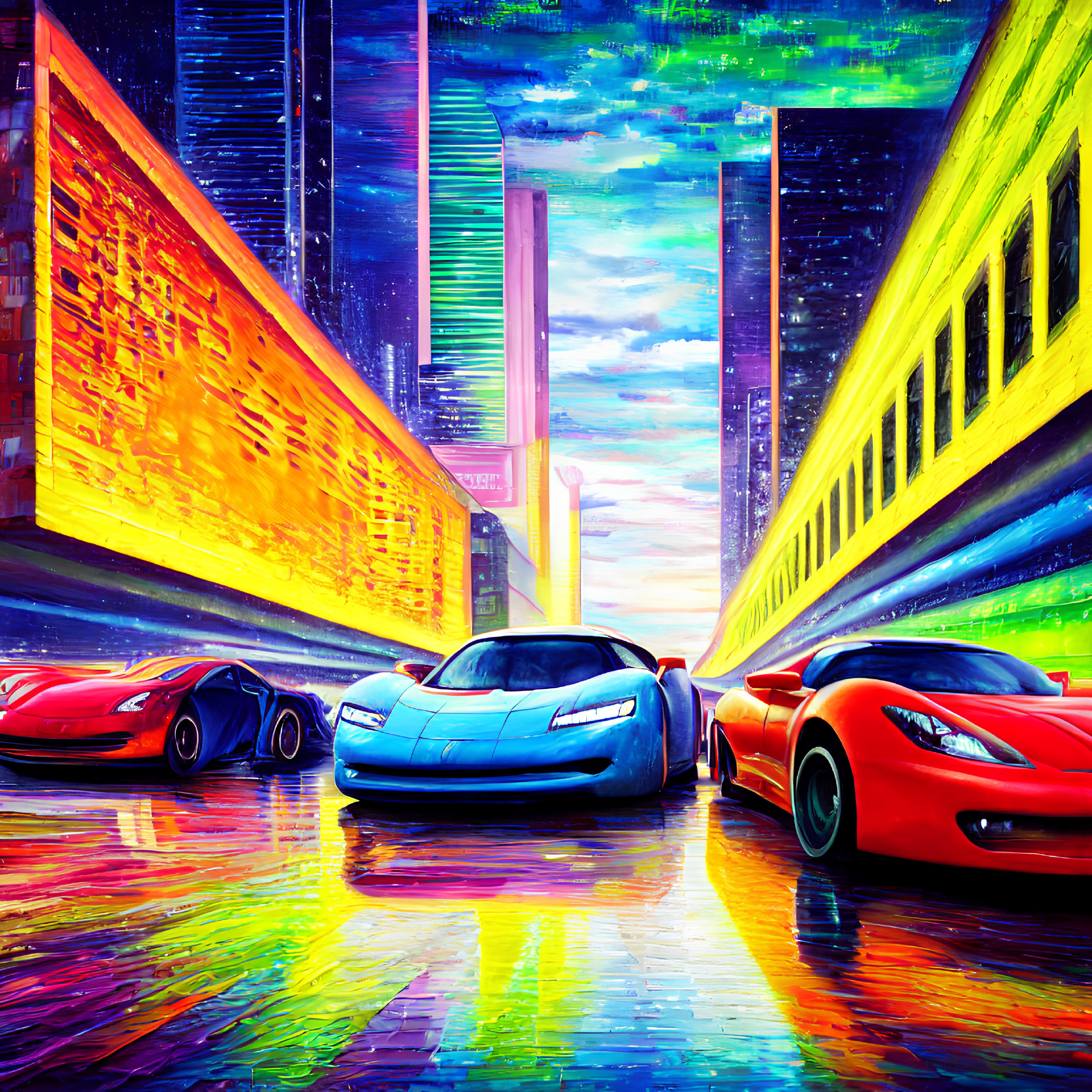 Colorful digital artwork: Sports cars racing on wet city street with neon-lit skyscrapers at