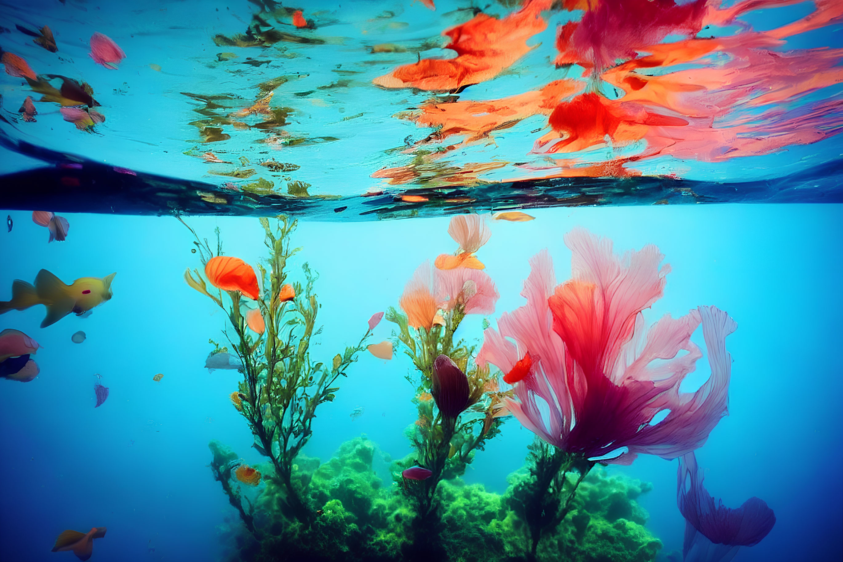 Vibrant orange flowers and plants in clear blue underwater view