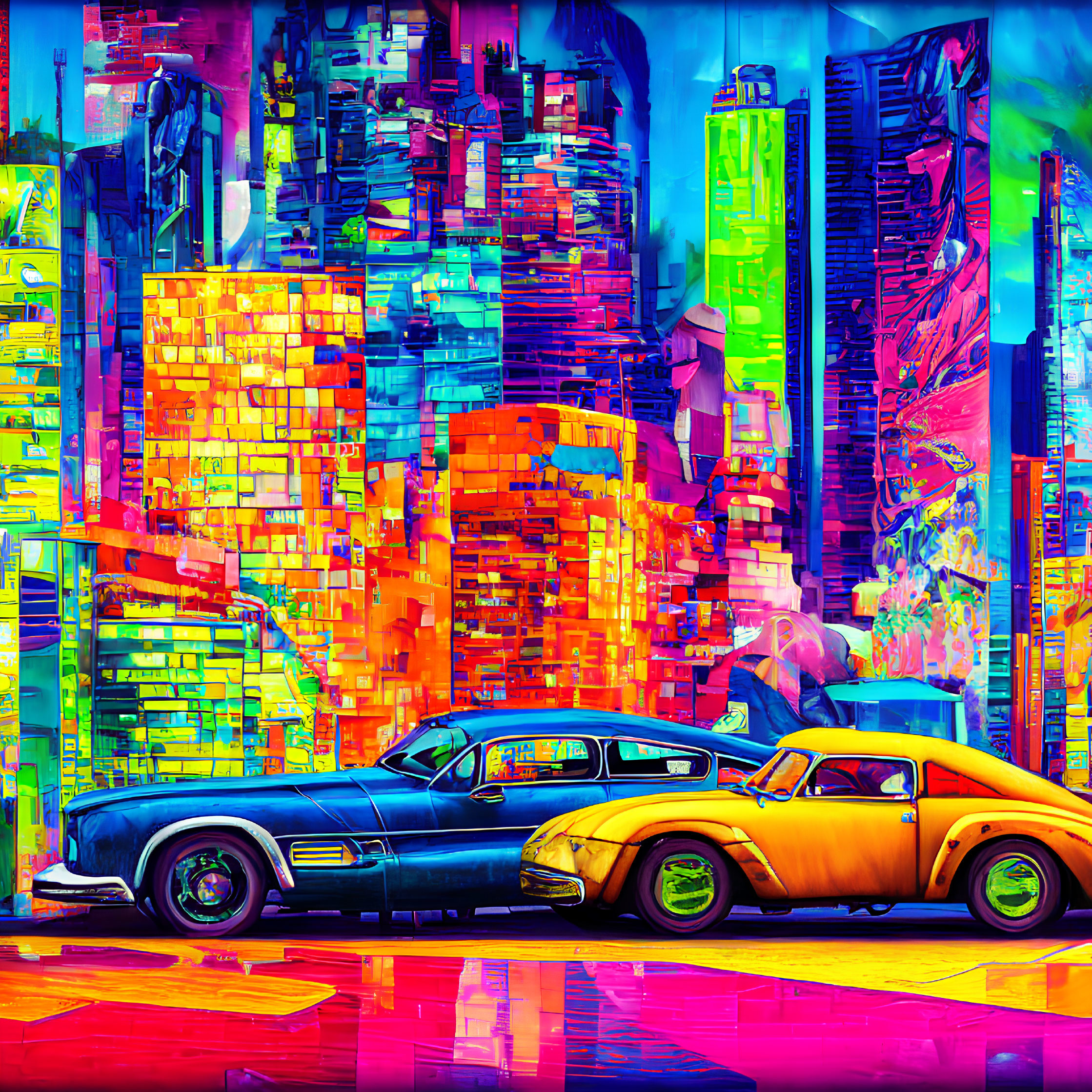 Colorful Psychedelic Cityscape with Classic Cars