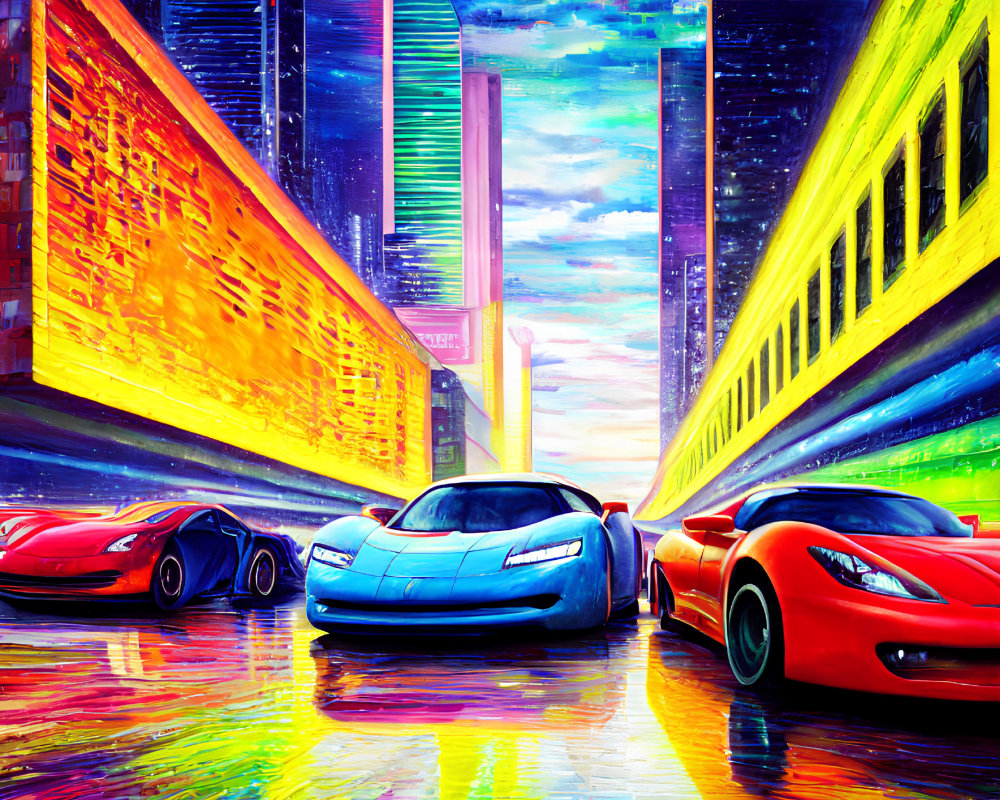 Colorful digital artwork: Sports cars racing on wet city street with neon-lit skyscrapers at