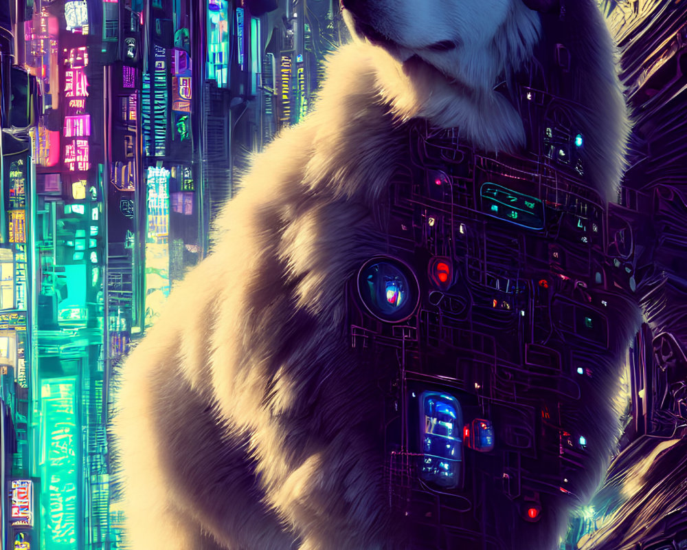 Futuristic cybernetic dog in neon-lit cityscape