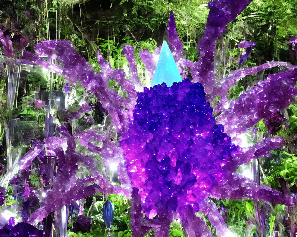 Purple Crystal Installation in Lush Garden with Soft Illumination