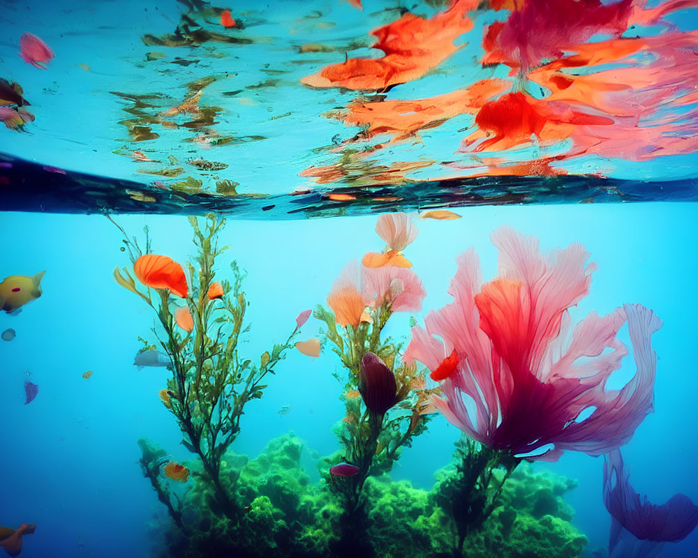 Vibrant orange flowers and plants in clear blue underwater view