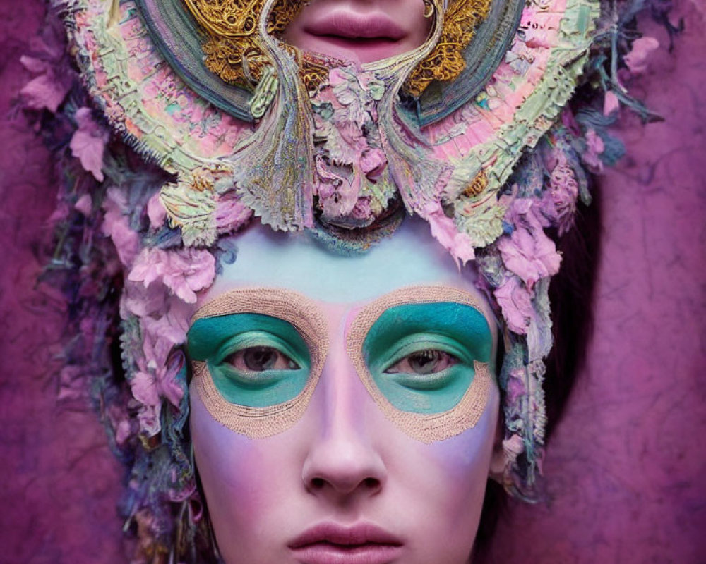 Elaborate Headgear and Makeup with Gold, Pink, and Green Accents on Purple Background