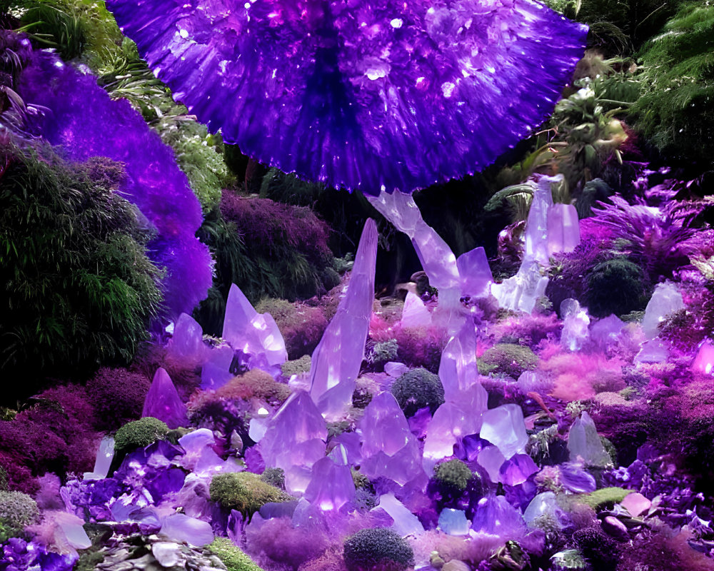 Fantastical garden with varying sizes of purple crystals among lush greenery