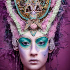 Elaborate Headgear and Makeup with Gold, Pink, and Green Accents on Purple Background