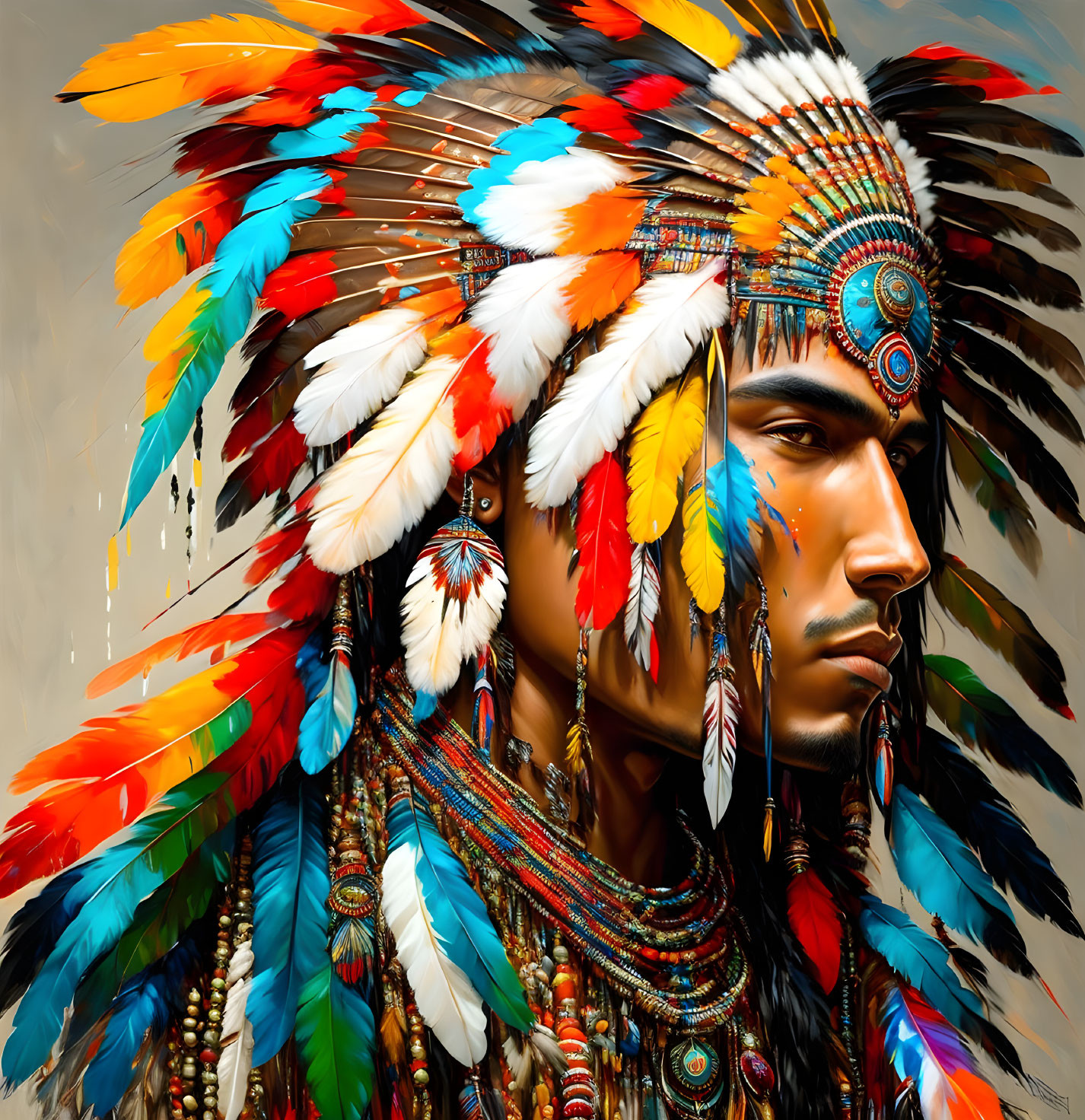 Colorful digital artwork of a person in a Native American headdress