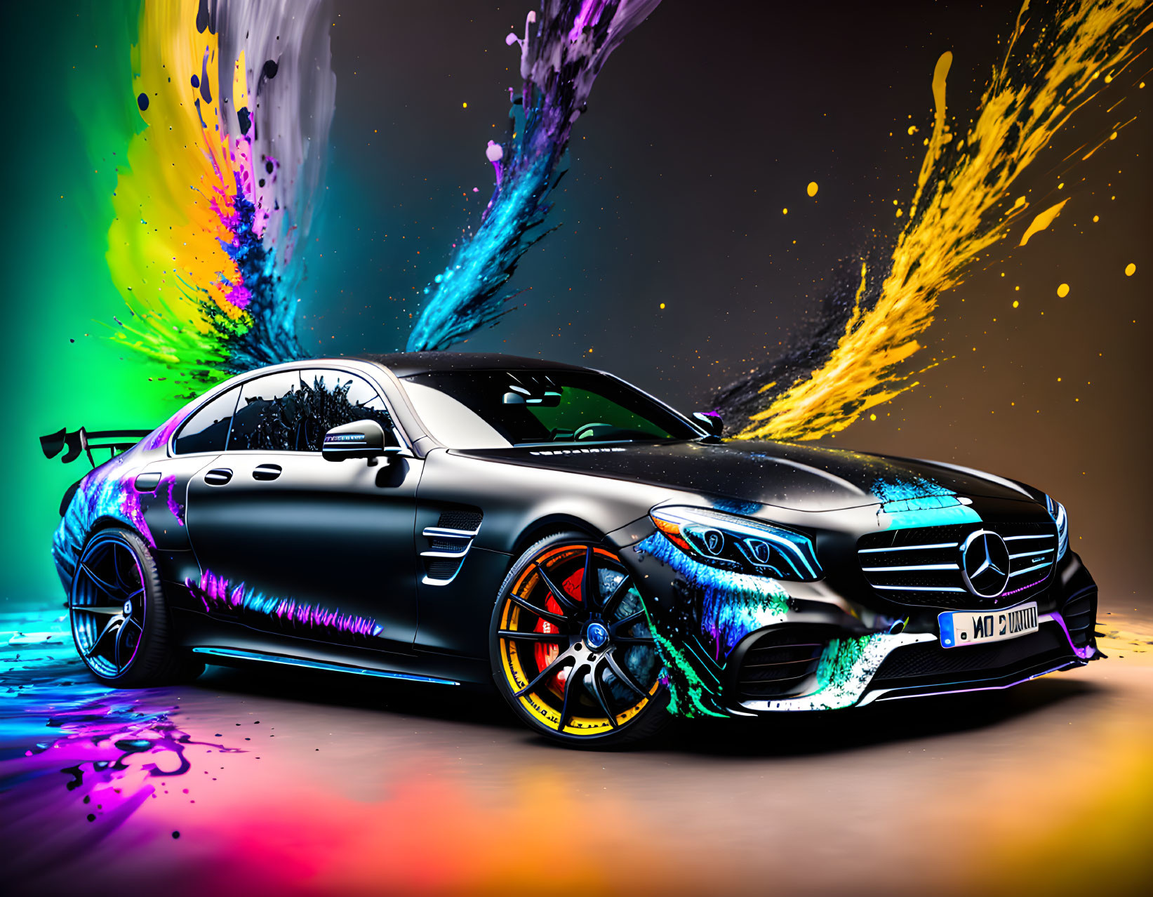 Glossy black Mercedes sports car against vibrant neon background