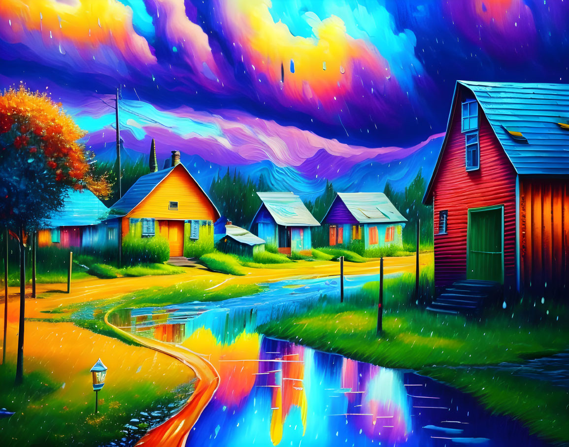 Vibrant, whimsical houses by reflective waterway at dusk