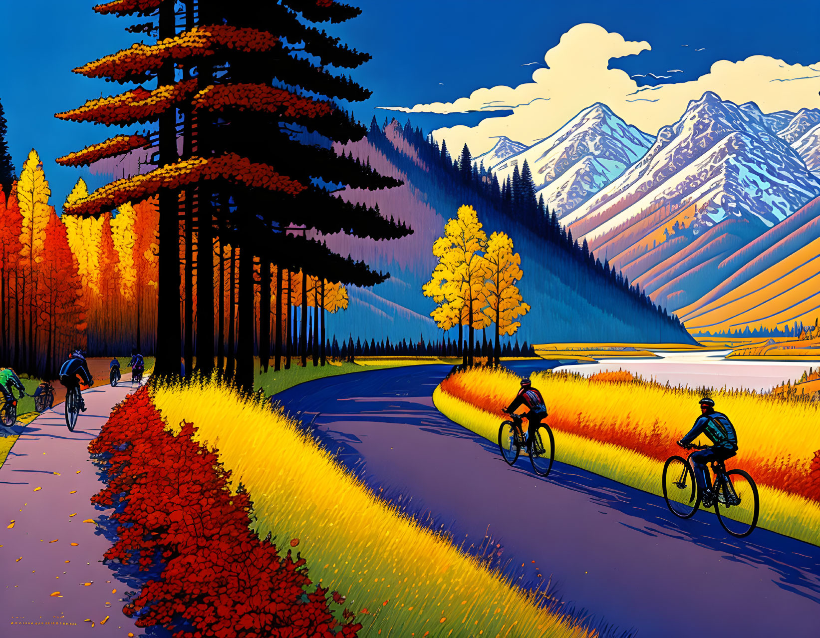 Colorful cyclists on autumn road with mountains and blue sky