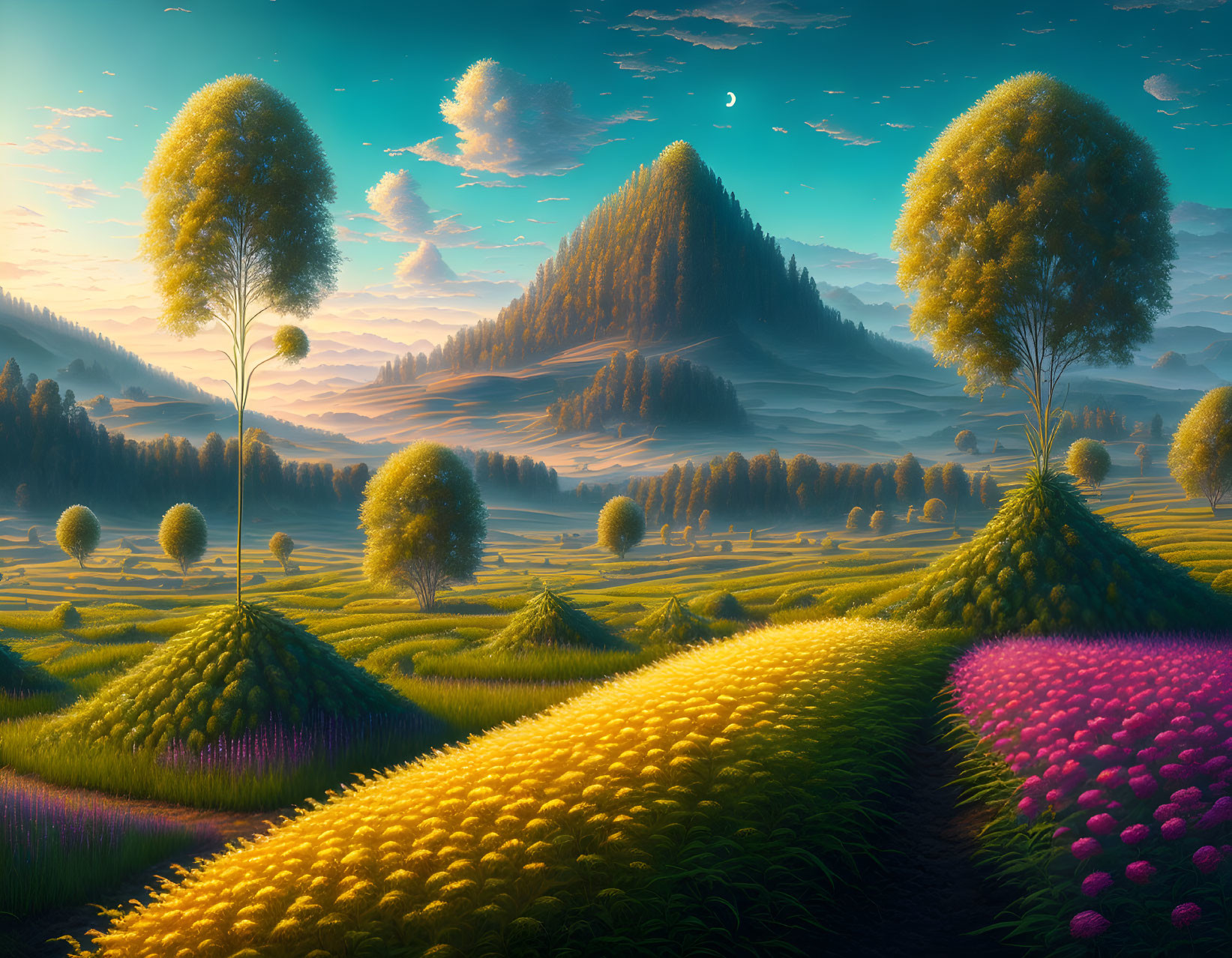 Vibrant yellow and pink grass in fantastical landscape with crescent moon