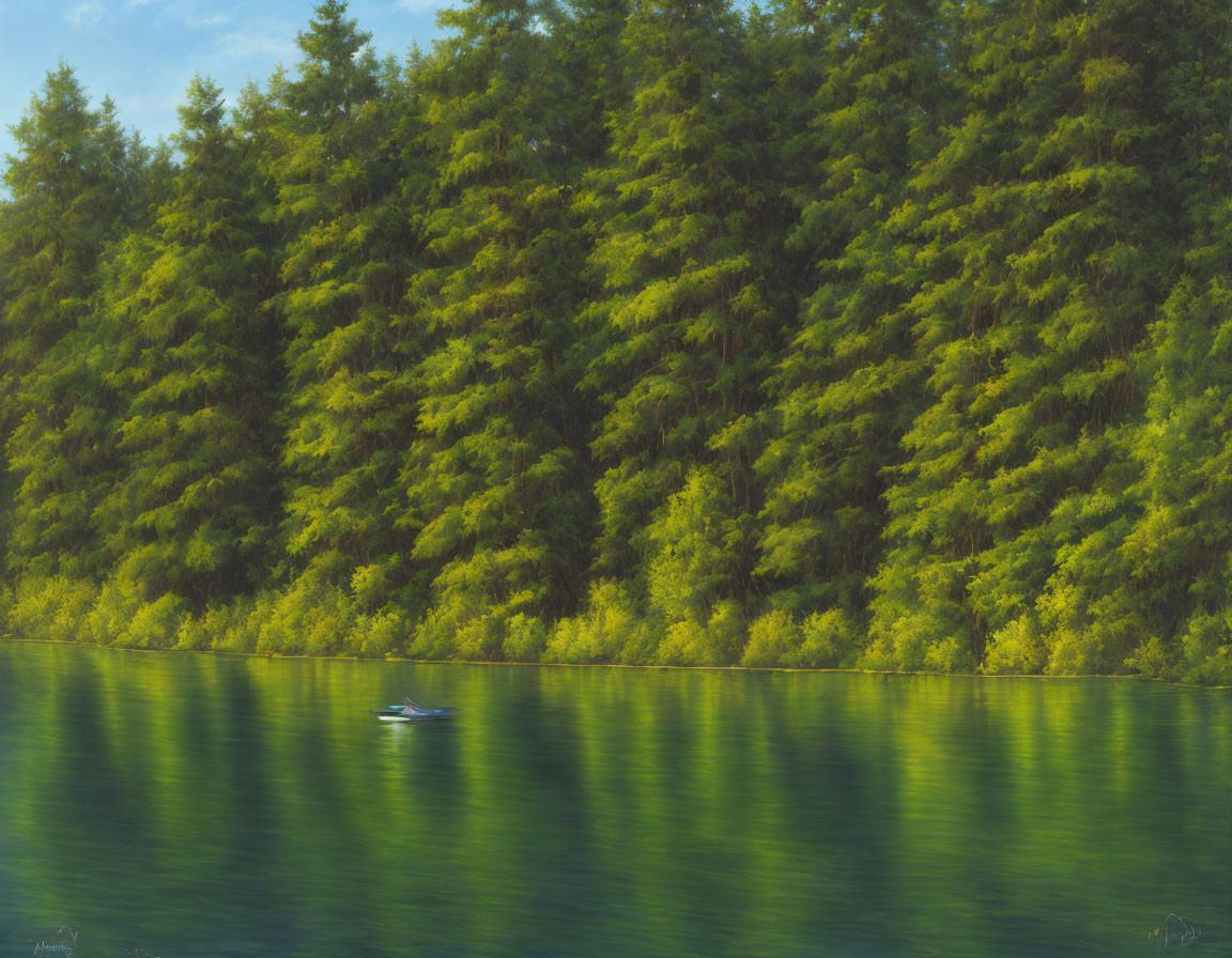 Person kayaking on calm lake surrounded by dense forest