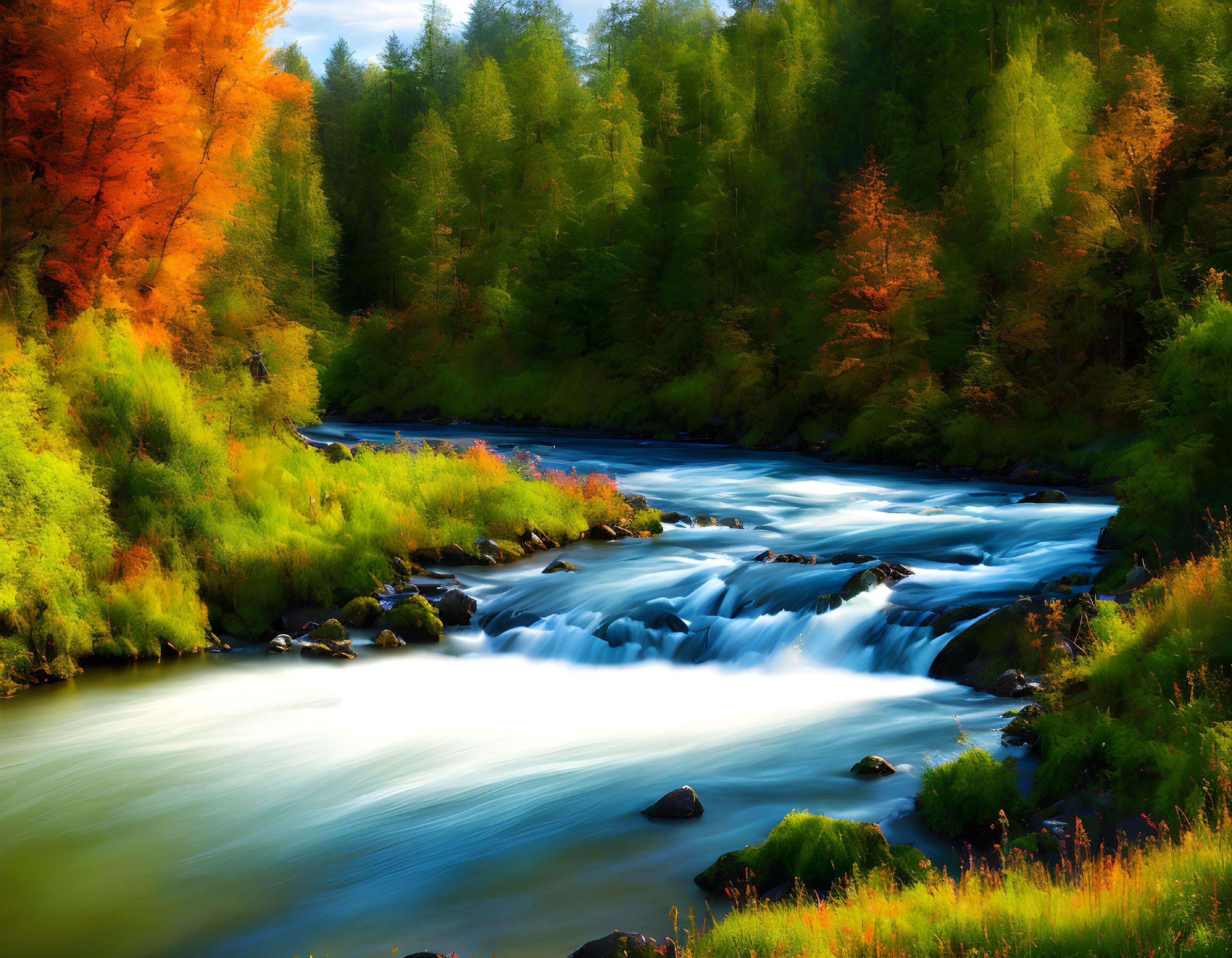 Scenic forest with vibrant autumn colors and flowing cascade