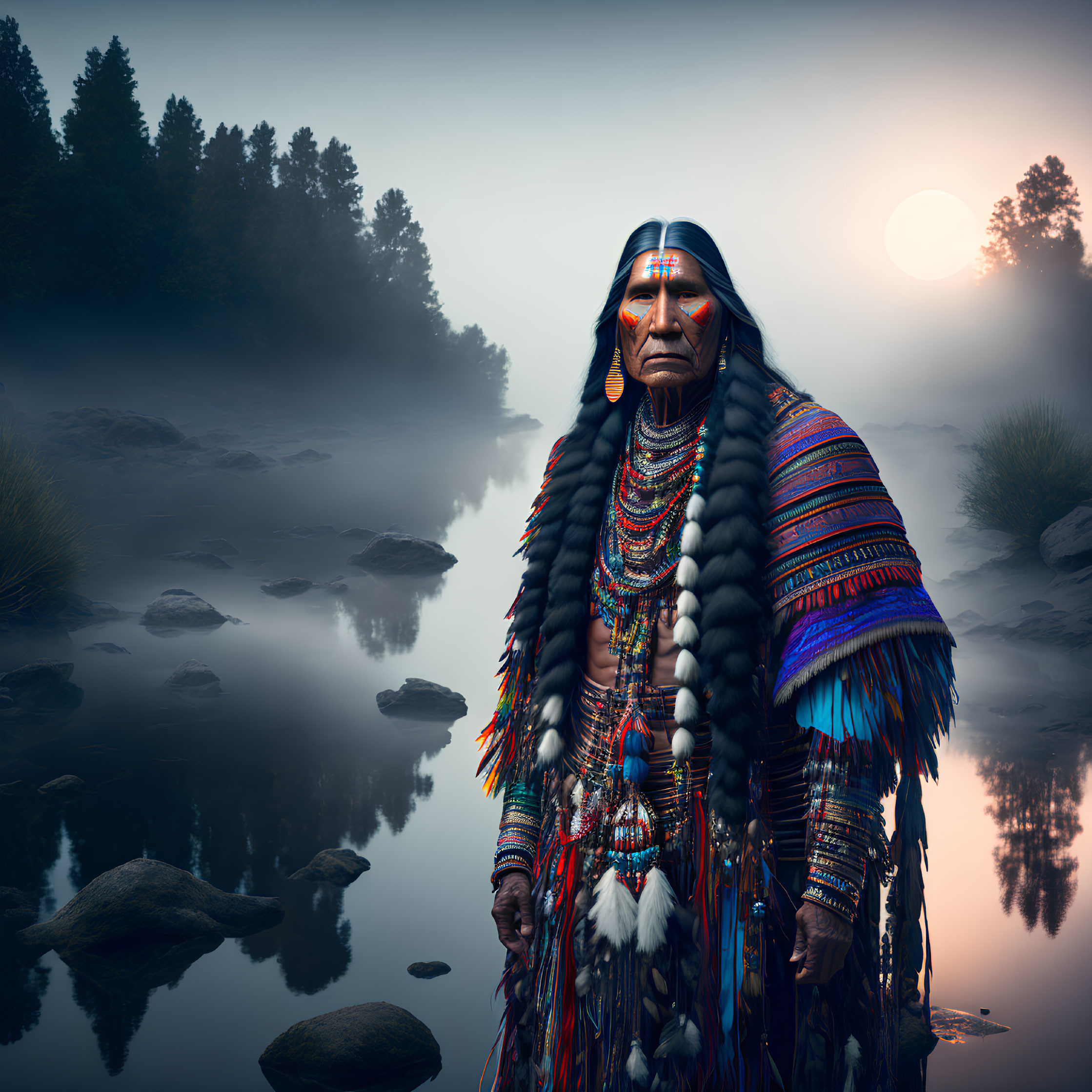 Indigenous Man in Traditional Attire by Misty River at Dusk