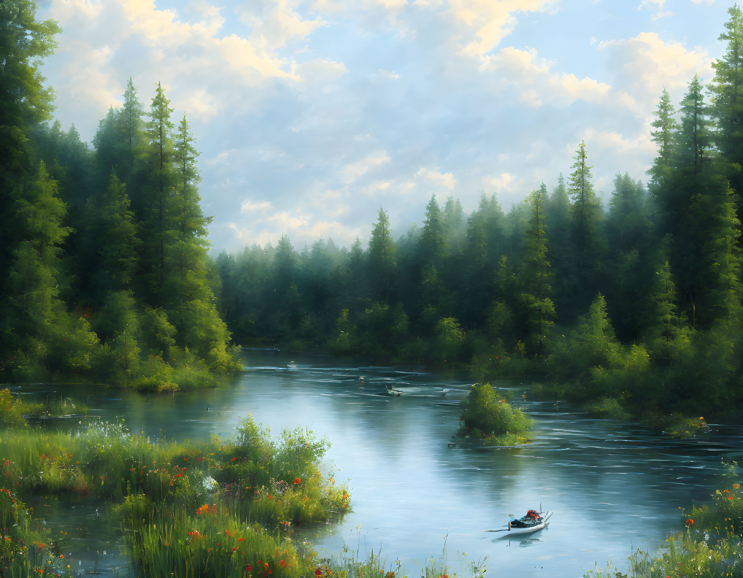 Tranquil river scene with rower in lush forest landscape