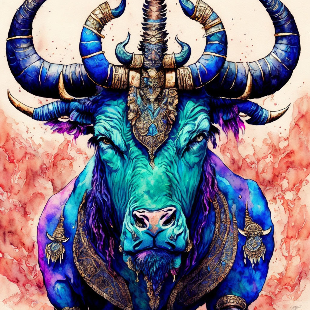 Colorful Illustration of Majestic Blue Bovine on Red Watercolor Background
