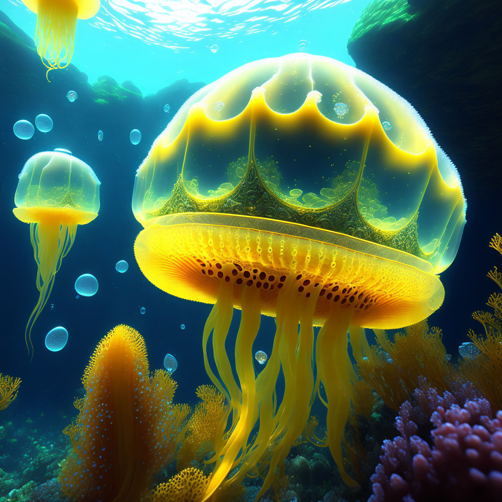 Vibrant underwater scene with glowing yellow jellyfish and coral