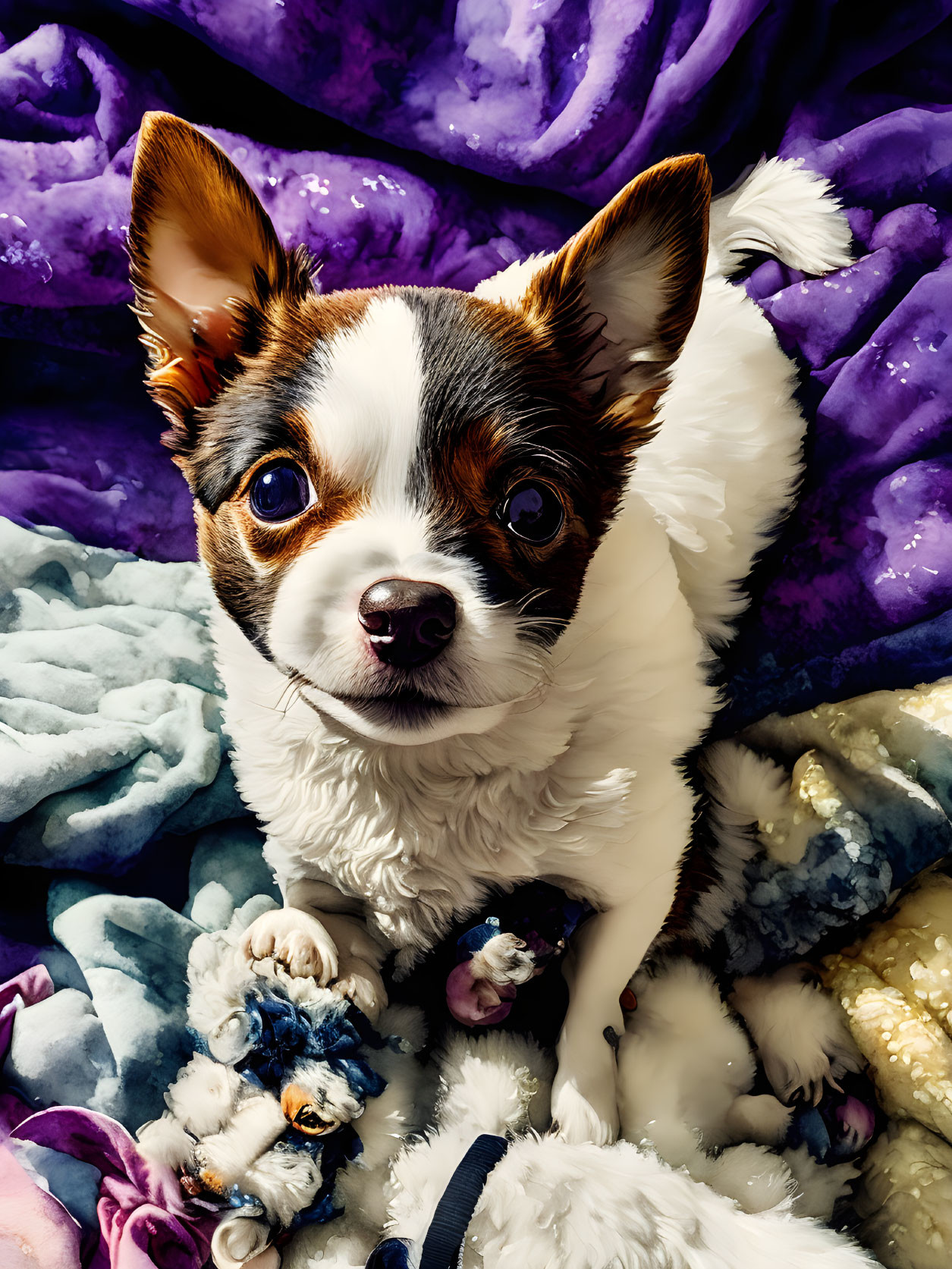 Brown-white Chihuahua with large ears on multicolored blanket