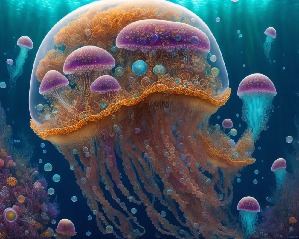 Vibrant orange jellyfish with detailed tentacles in deep blue ocean waters