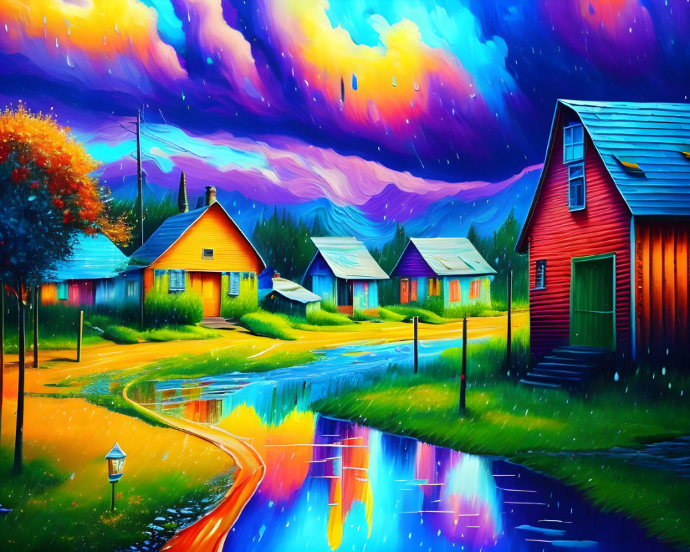Vibrant, whimsical houses by reflective waterway at dusk