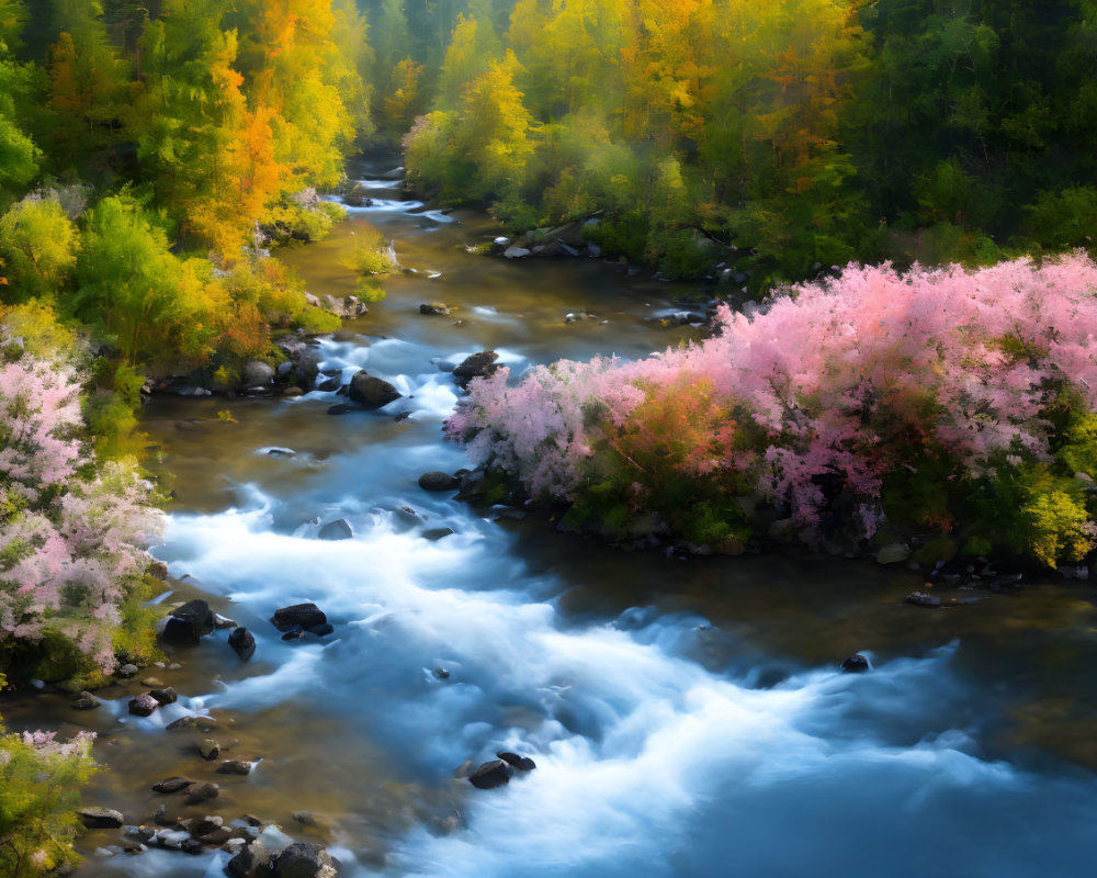 Colorful Forest River Scene with Autumn Hues and Cherry Blossoms