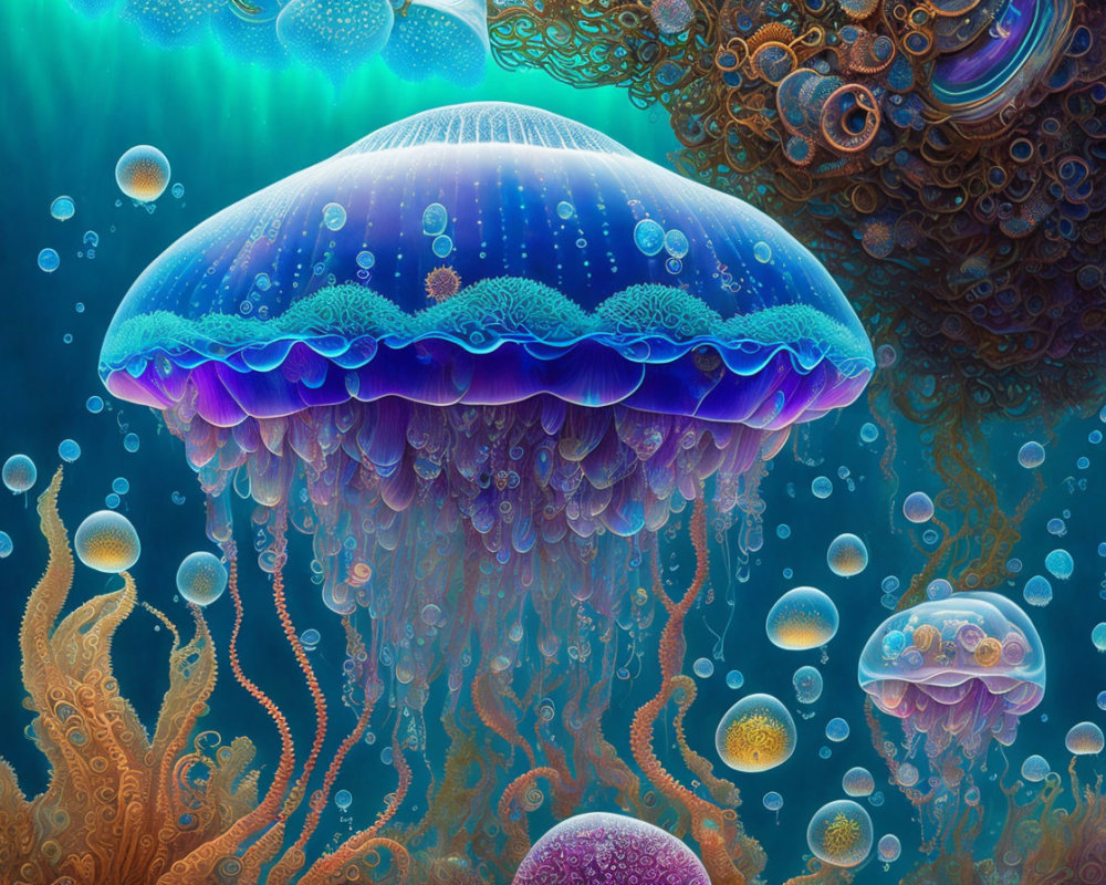 Colorful Digital Artwork: Intricate Jellyfish in Underwater Scene