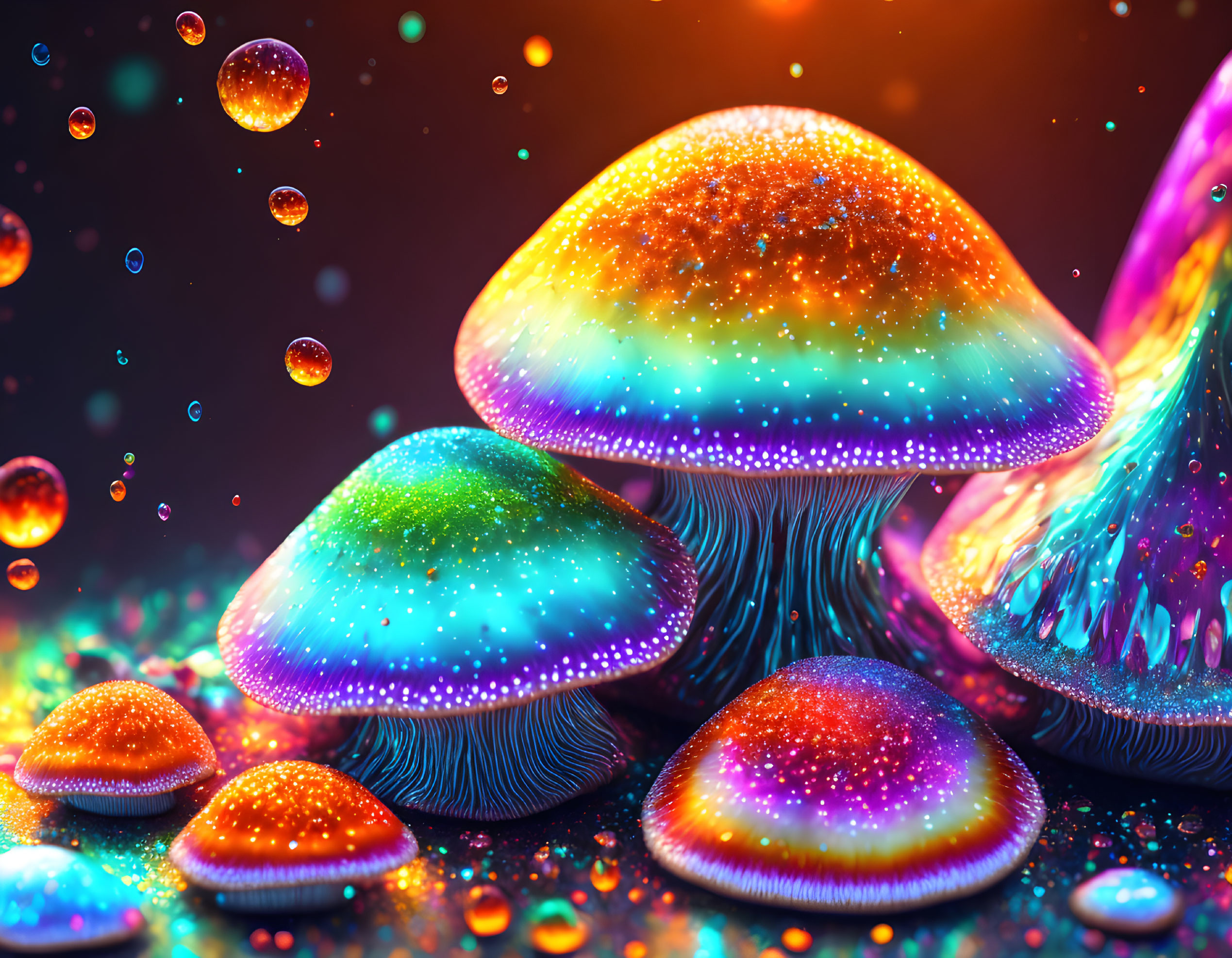 Neon-colored mushrooms with glowing caps and intricate gill patterns on dark background