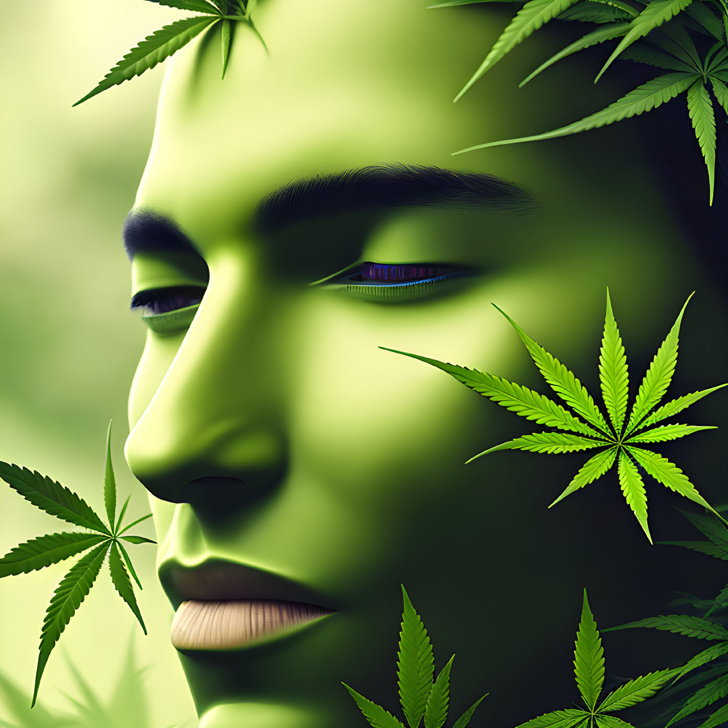 Surreal green-toned face blending with cannabis leaves, prominent eyes and lips