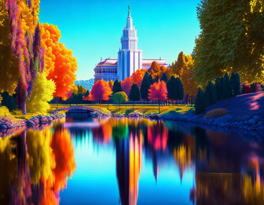 Autumn landscape with river reflection, white building, and bridge.