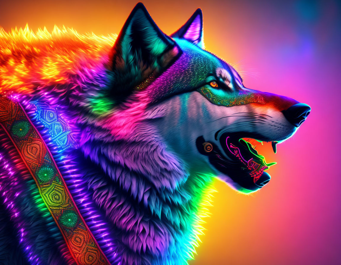 Colorful Wolf Illustration with Neon Colors and Intricate Patterns