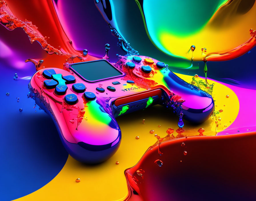 Vibrant Liquid Splashes Surround Colorful Game Controller
