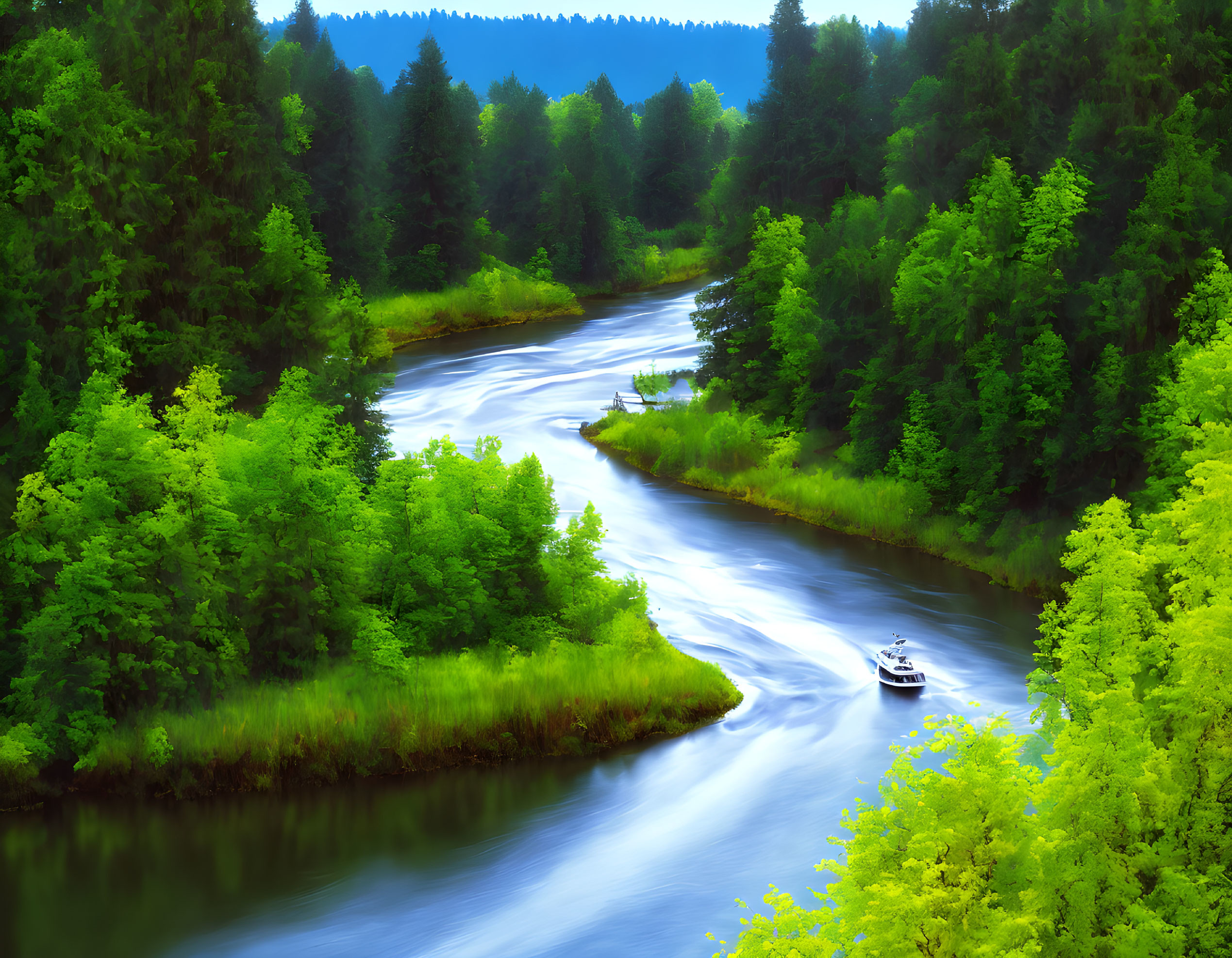 Boat navigating winding river in lush green forest landscape
