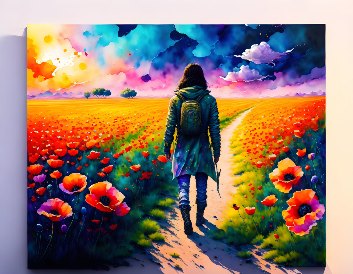 Person walking through vibrant poppy field under colorful sky