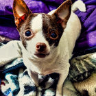 Brown-white Chihuahua with large ears on multicolored blanket