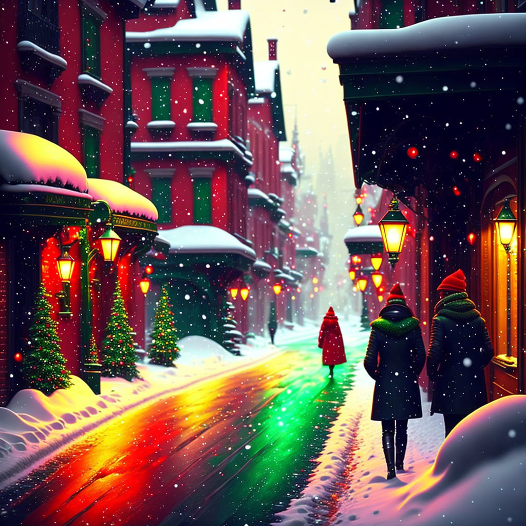 Snowy city street at night with colorful lights, two people walking.