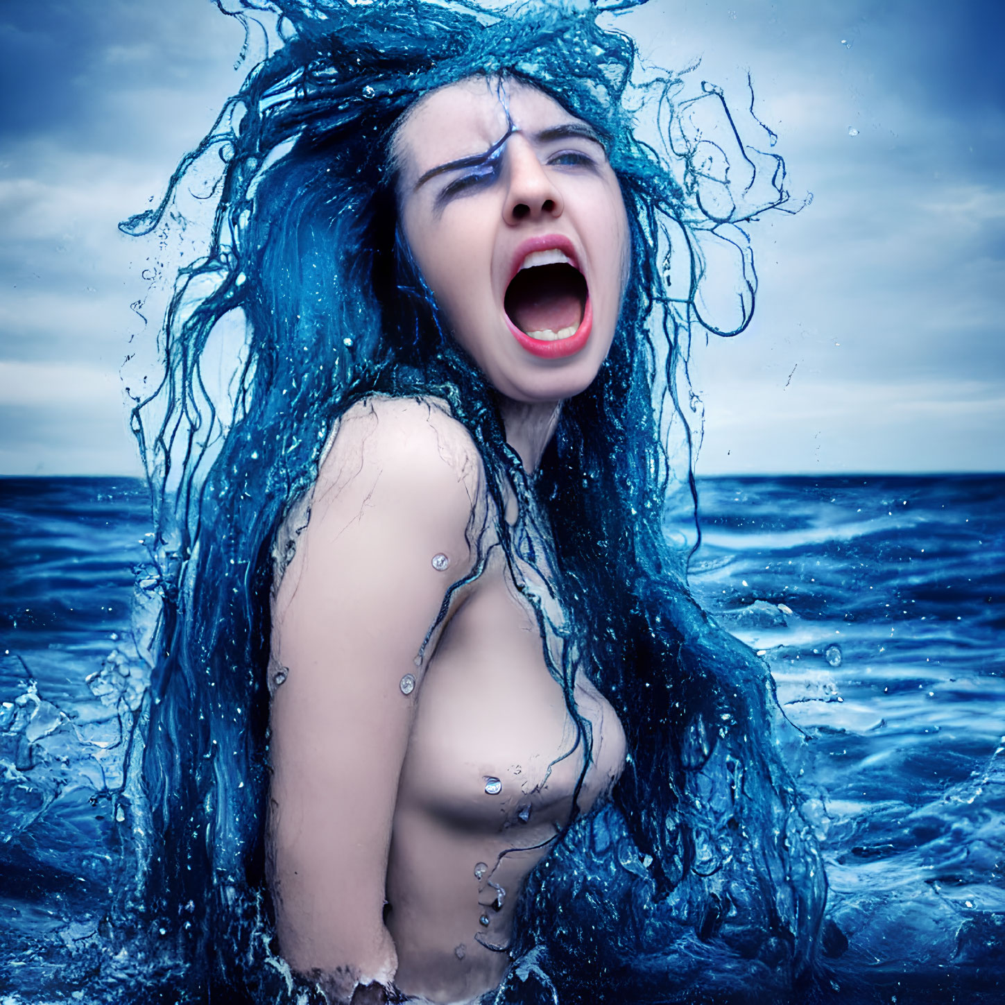 Blue-haired woman emerging from water with dynamic splashes