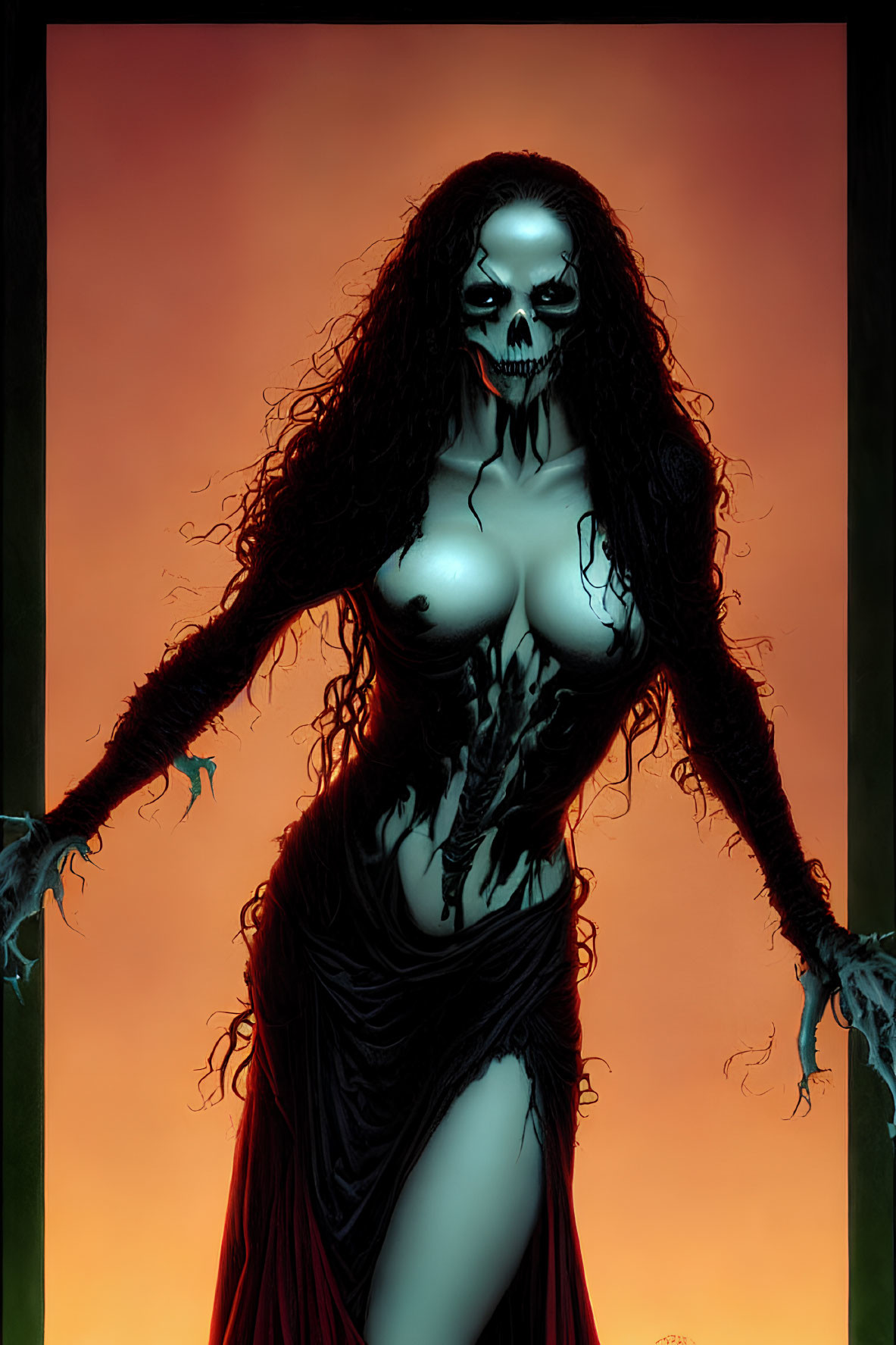 Sinister female figure with skeletal face and black hair in dark red garment