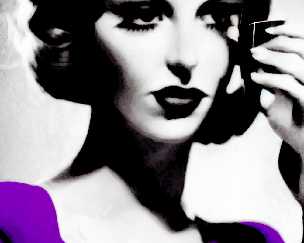 Monochrome artwork of woman with vintage hairstyle and cigarette in purple dress