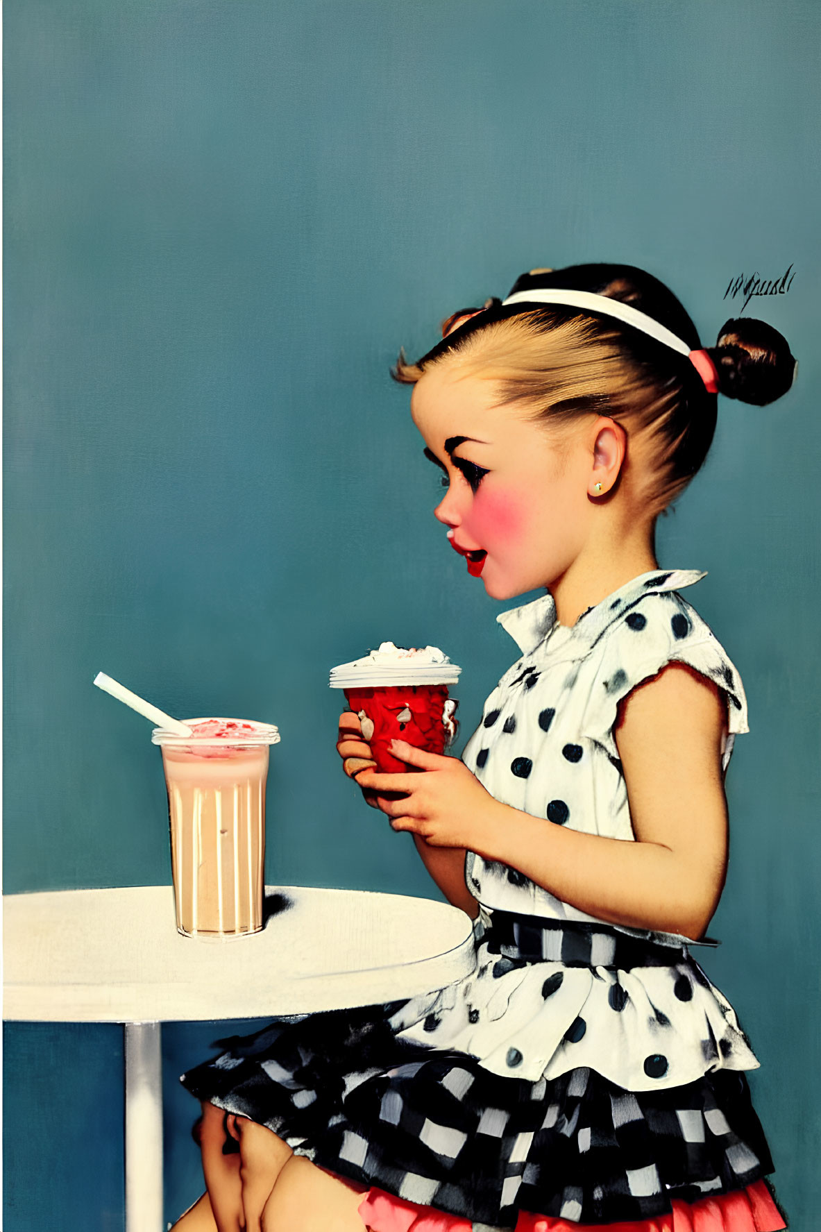 Retro-style illustration of young girl with polka-dot dress and soda cup
