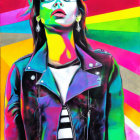 Colorful portrait of person in sunglasses and leather jacket on geometric backdrop