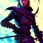 Digital artwork: Female character in purple and black armor with blue flames