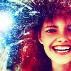 Smiling young woman with colorful glitter effect on face